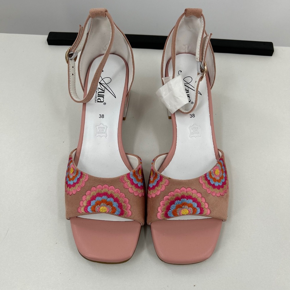 Azura European Luxury Pink Embroidered Floral Block Heel Sandals Size 38 = 7.5-8